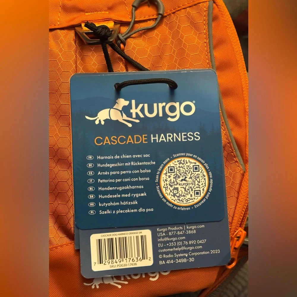 Kurgo Cascade Dog Harness with Storage Pack – Orange – Size Small (S)